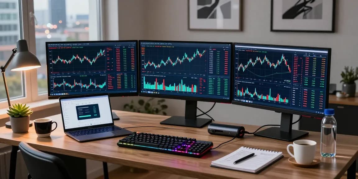 Playexch247 advanced crypto trading setup featuring multiple screens analyzing Bitcoin and Ethereum charts in a modern workspace.