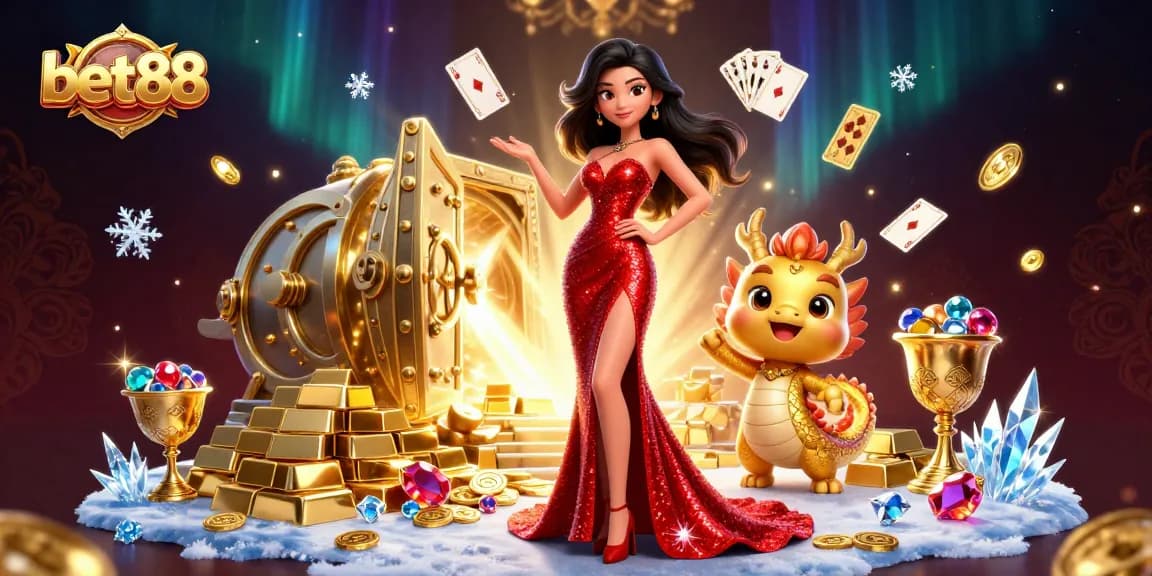 Experience thrilling gaming at bet88 with a stunning Asian woman and golden dragon mascot amidst casino treasures.