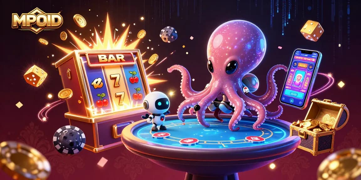 Experience thrilling gaming with MPOID, showcasing a vibrant 3D casino scene filled with action and excitement.