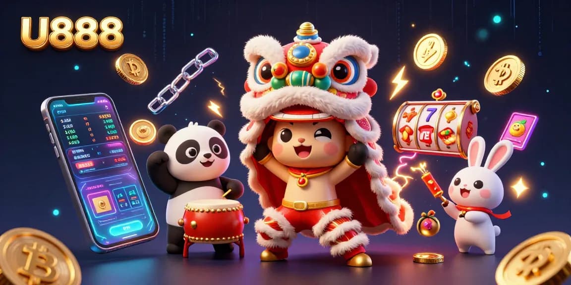 Engage with U888's vibrant online casino scene featuring a joyful lion dance and crypto elements.
