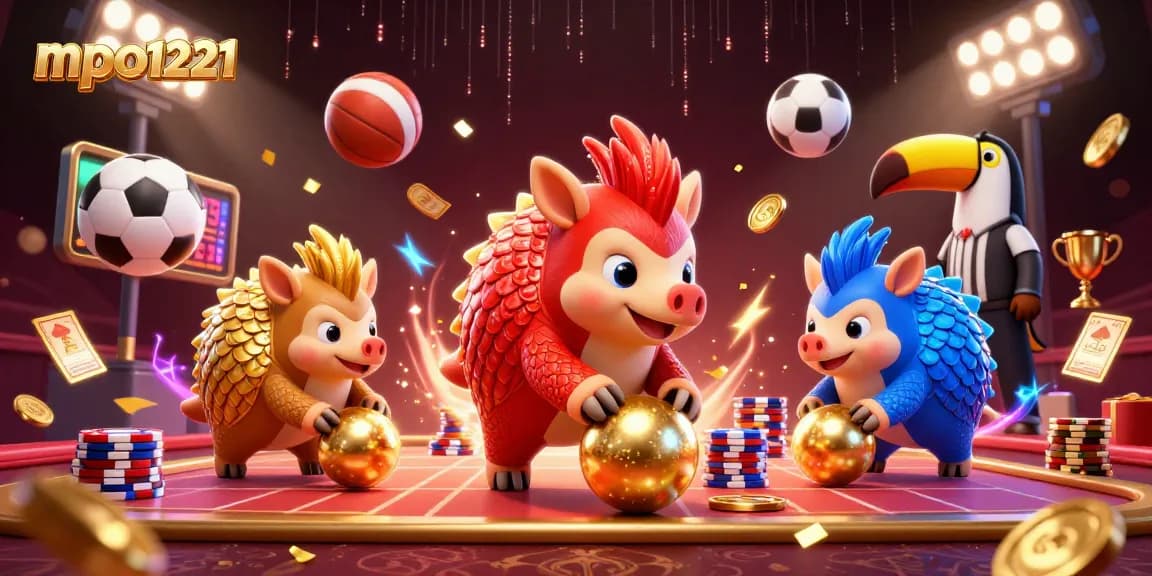 Raih kemenangan di mpo1221 dengan pangolin bersaing melempar piala emas dan chip poker.
