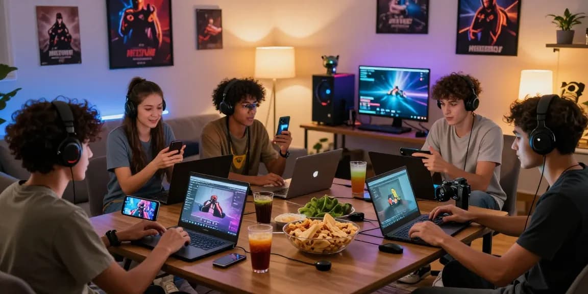 Engaged friends playing games on laptops and smartphones, highlighting mposport login accessibility and digital entertainment.