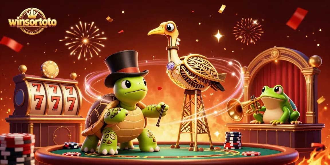 Experience winsortoto with vibrant casino action featuring a 3D crane, turtle, and trumpet frog.