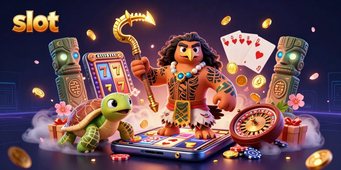 Spin vibrant slot reels with a magical Polynesian demigod and turtle amidst shimmering casino elements.