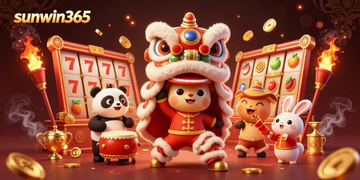 Experience the excitement of sunwin365 with vibrant lion dance and engaging slot games in a dynamic 3D scene.