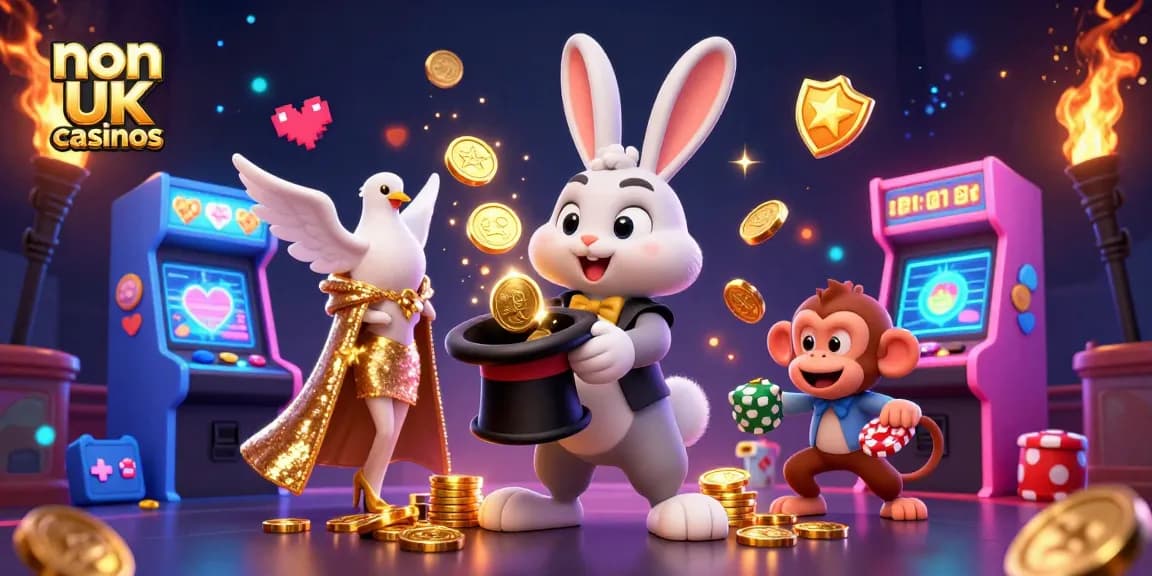 Explore non UK casinos with the magician rabbit and friends enjoying casino games and riches.