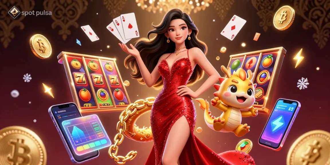 Join the excitement of slot pulsa gaming with a vibrant illustration featuring an Asian woman in a dazzling gown and playful dragon mascot.
