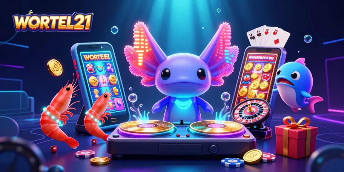 Experience the vibrant action of WORTEL21 with a neon axolotl DJ, dancing creatures, and exciting casino elements.