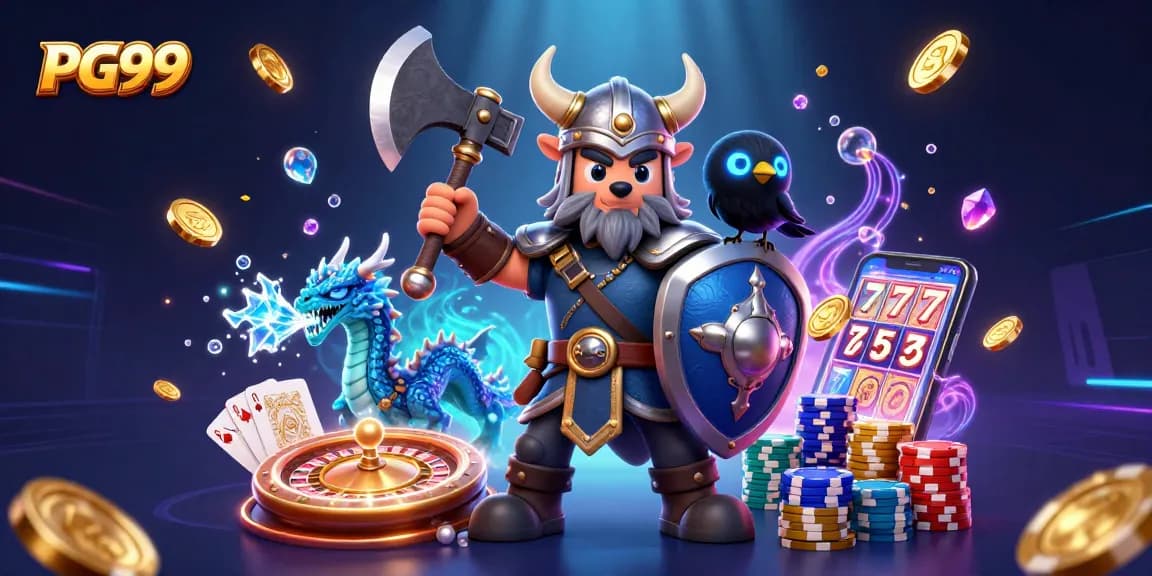 Engage with the PG99 casino experience, featuring dynamic 3D Viking and dragon characters amidst vibrant gambling elements.