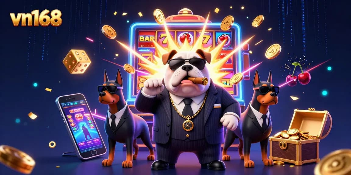 Engage with the amazing vn168 casino experience featuring a mafia boss bulldog amidst a jackpot of games.