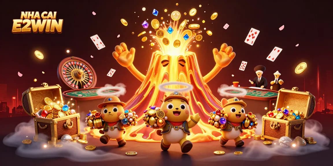 NHA CAI E2WIN showcases a lively scene with a golden volcano erupting coins and gems, surrounded by dealer elements for an exciting online casino experience.