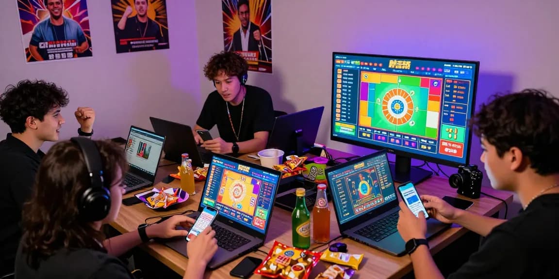 Engaged players using ngamenjitu gaming platform for thrilling lottery experience in a vibrant room.