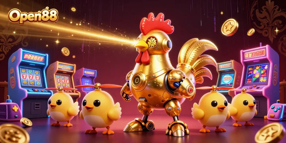 Open88 showcases a vibrant scene with a golden rooster robot amidst dynamic casino elements.