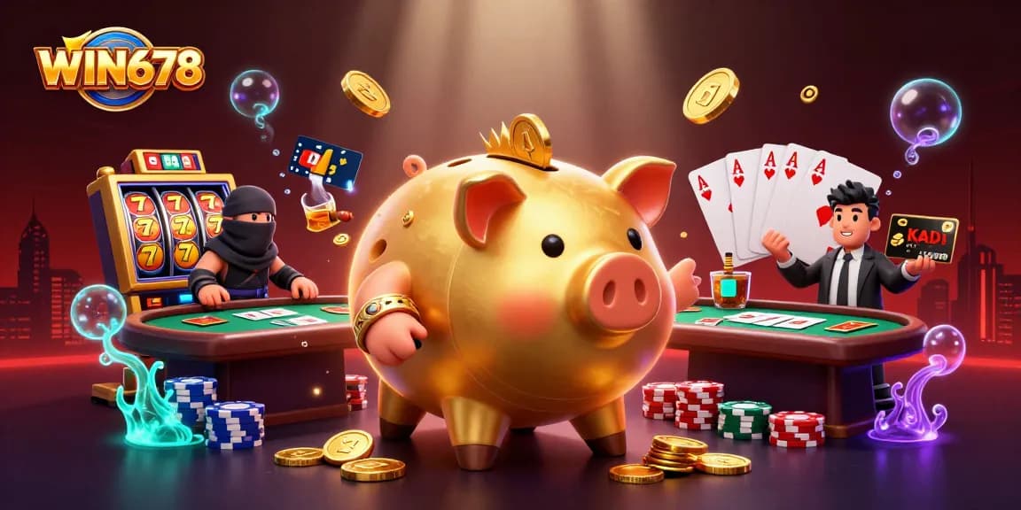 WIN678 features a golden piggy bank wrestler and coin action amidst vibrant slot game elements.