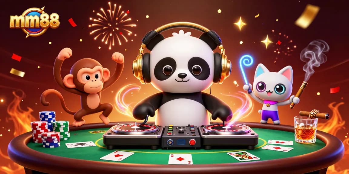 Experience the thrill of gaming at mm88 with lively DJ panda and friends in a vibrant casino scene.