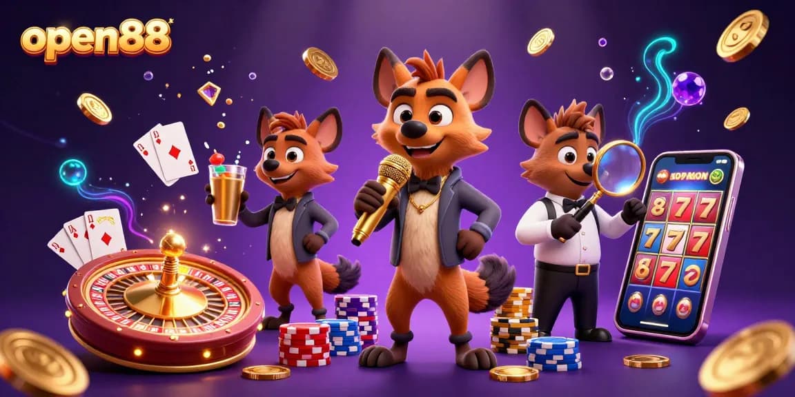 Experience the excitement of open88 with hyenas in a dynamic casino scene, celebrating winning moments.