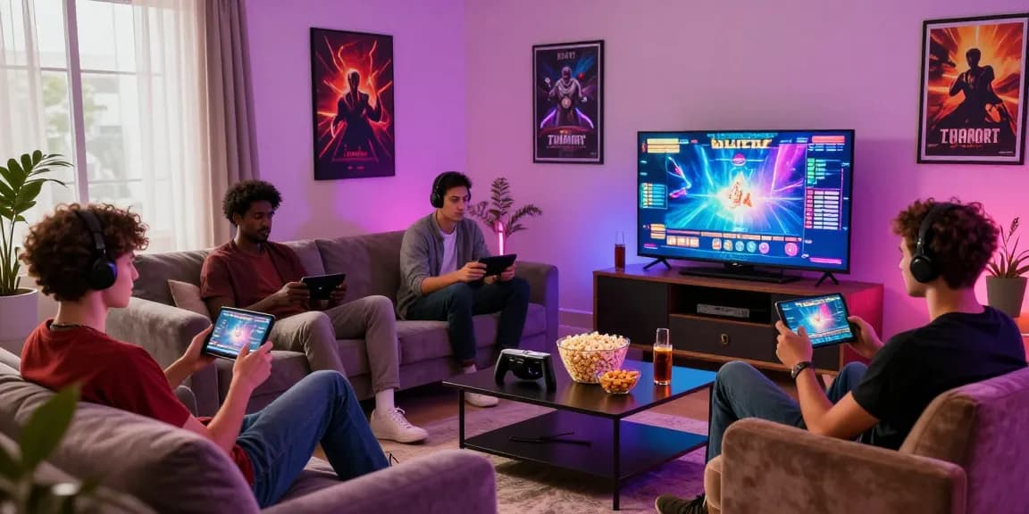 Players enjoying casino non aams games in a lively living room setting, showcasing a vibrant online gaming atmosphere.