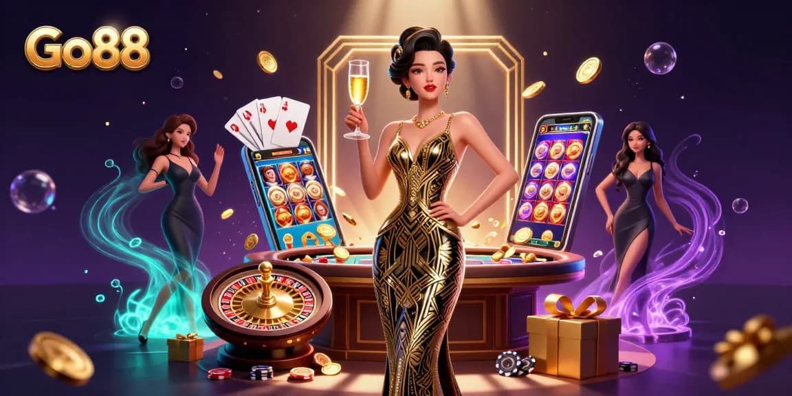 Experience the excitement of Go88 with an elegant illustration of casino glamour and gaming action.