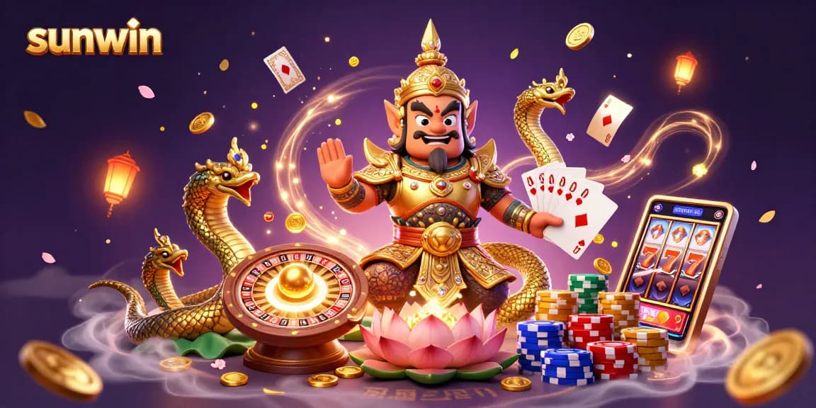 Experience thrilling gameplay with sunwin's vibrant 3D casino illustration featuring dynamic characters and classic elements.