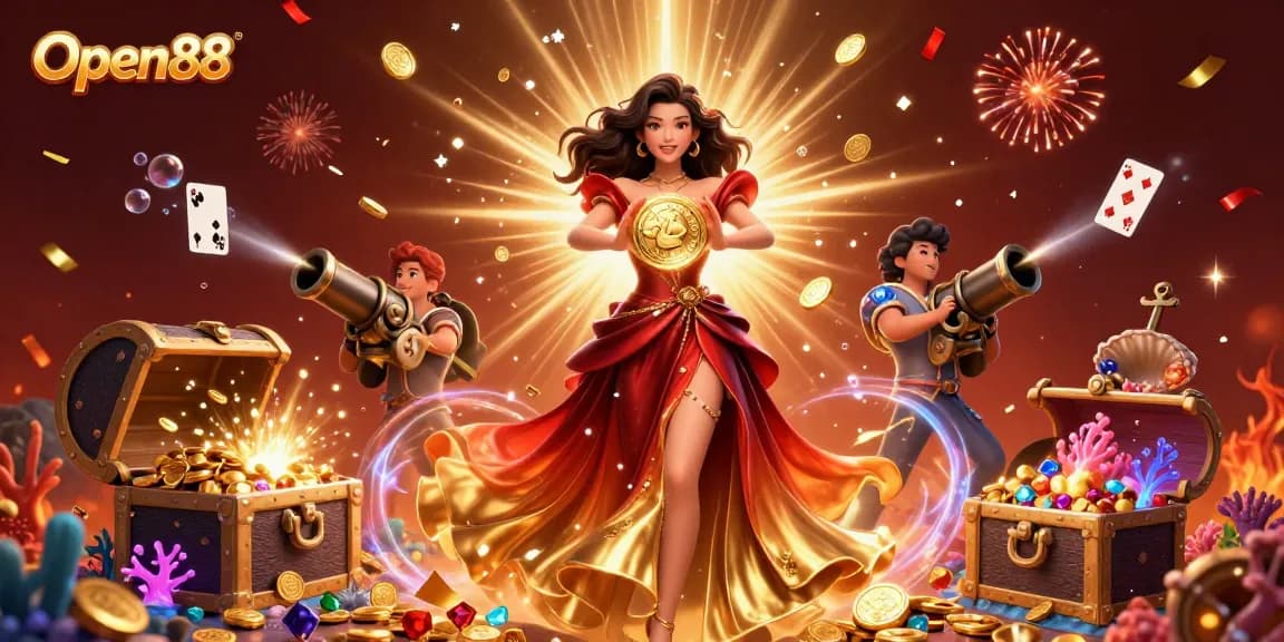 Engage with Open88's captivating online casino experience as coins rain from a stunning character.