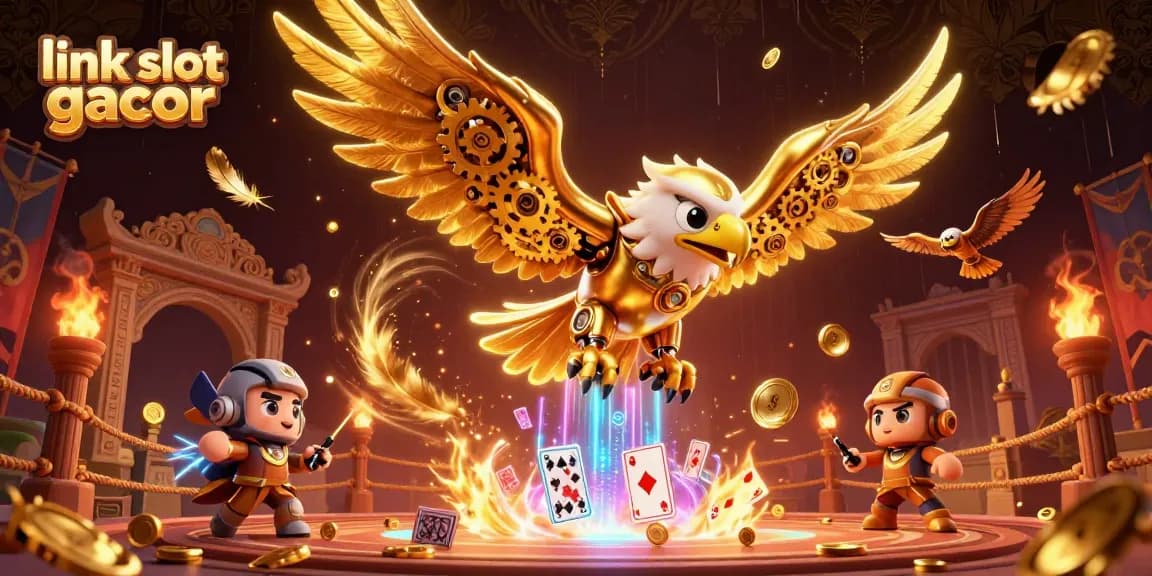 Experience the thrill of link slot gacor with a dynamic 3D casino scene featuring a golden eagle.