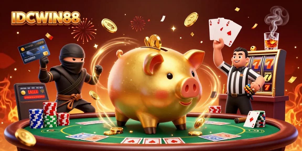 Engage with IDCWIN88's vibrant gaming scene featuring a golden piggy bank wrestler, slot reels, and action-packed casino elements.