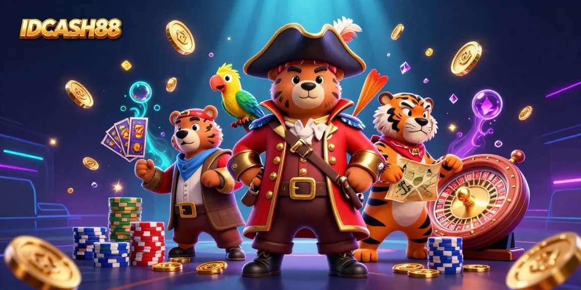 Experience jackpots at IDCASH88 with an exciting 3D casino scene featuring a pirate bear, tiger first mate, and slot reels.