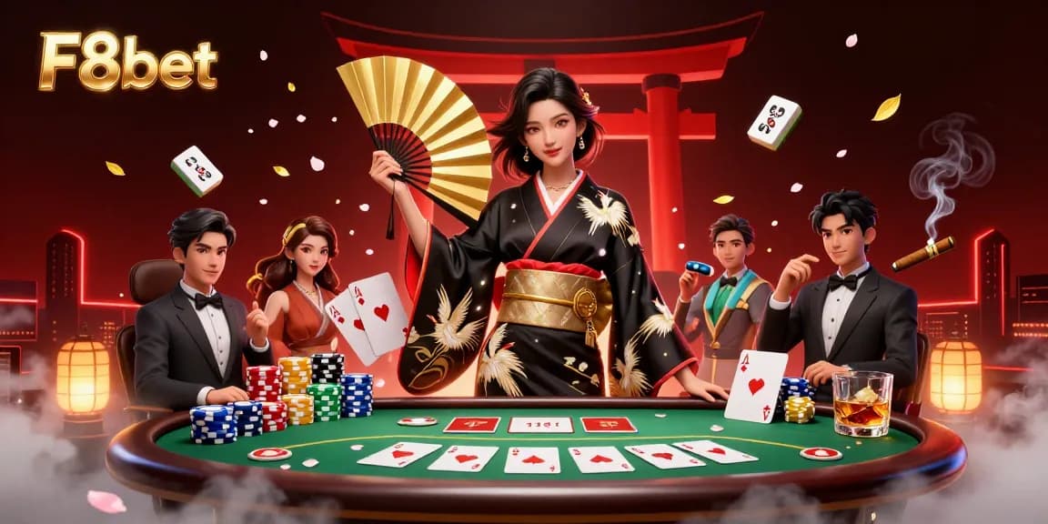 Experience thrilling games at F8bet while enjoying a vibrant casino atmosphere with poker tables and elegant details.