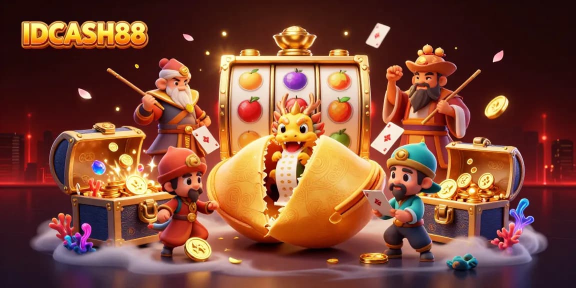 Experience thrilling gameplay with IDCASH88's unique slot reels and vibrant characters in a dynamic online casino scene.