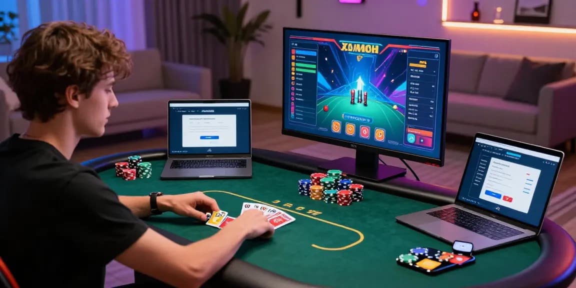 Engaged players enjoying a thrilling online poker session, featuring Login Domino88 on a laptop amidst a vibrant gaming atmosphere.