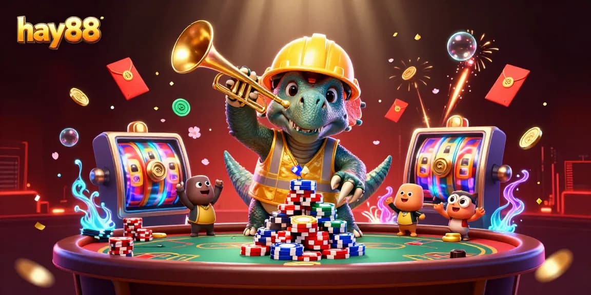 Engage with hay88's thrilling poker experience as cartoon characters celebrate around vibrant casino elements.