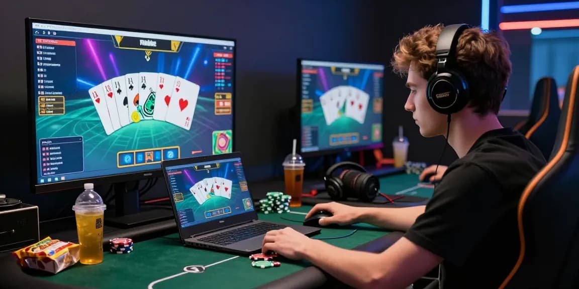 A young male player engaged with dewapoker on a sleek laptop, surrounded by vibrant game graphics and gaming accessories, in a modern gaming environment.