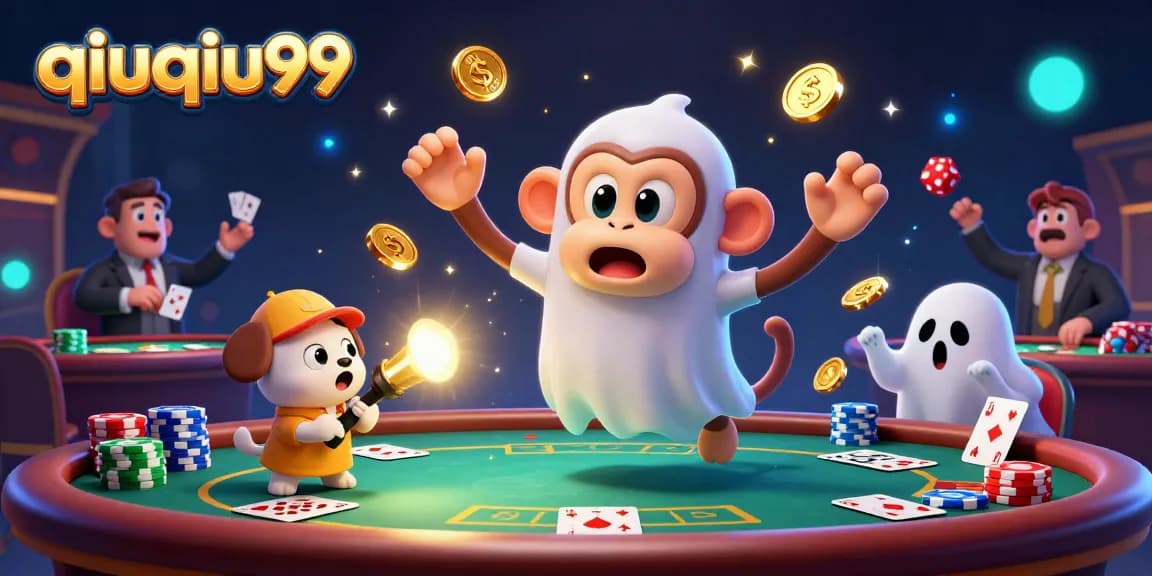 Engage in exciting card games at qiuqiu99 with playful characters in a vibrant casino.
