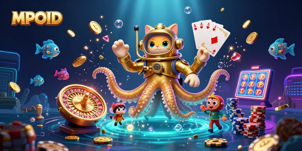 Engage with MPOID's exciting gaming adventure featuring a kraken, diving cat, and vibrant casino elements.