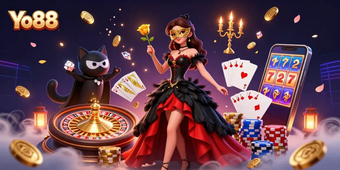 Experience thrilling gameplay at Yo88 with a 3D illustration showcasing vibrant casino elements and the excitement of winning.