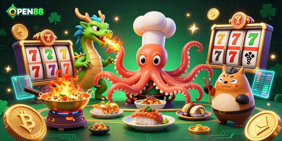 Experience the vibrant world of OPEN88 with 3D characters serving up golden dishes in a thrilling slot game setting.