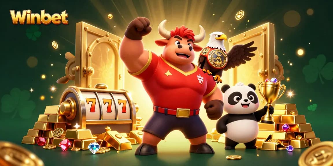 Winbet promotes engaging slots with a vibrant bull mascot, eagle, and trophy in a rich casino scene.