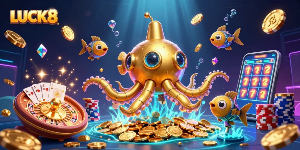 Engage with LUCK8’s vibrant 3D casino scene featuring a golden kraken submarine amidst swirling coins and gems.