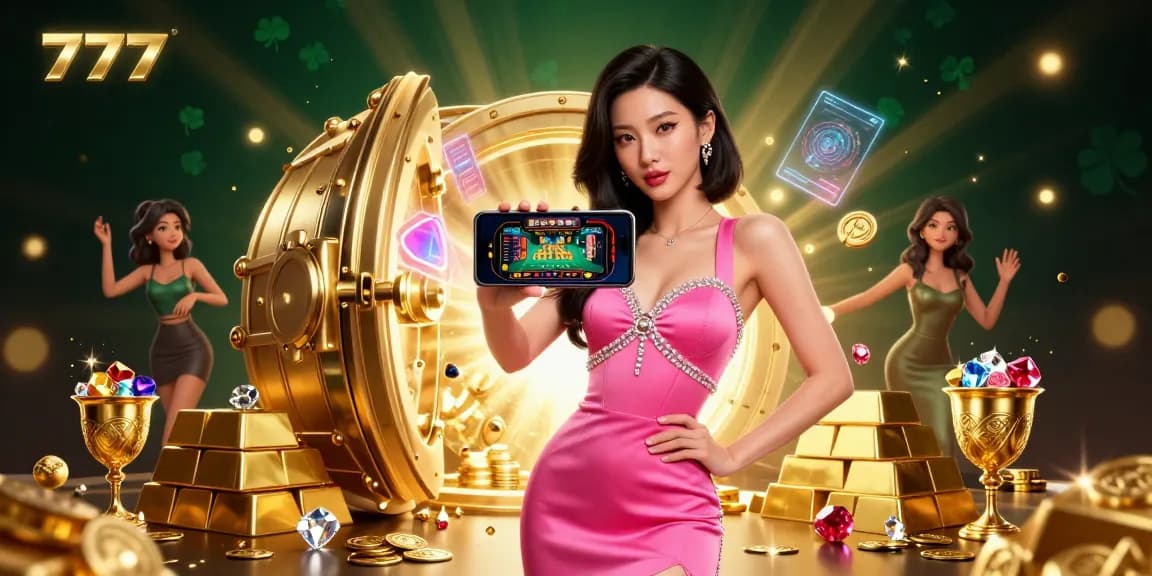 Experience thrilling live casino action with 777, as vibrant gems and golden treasures surround the game scene.
