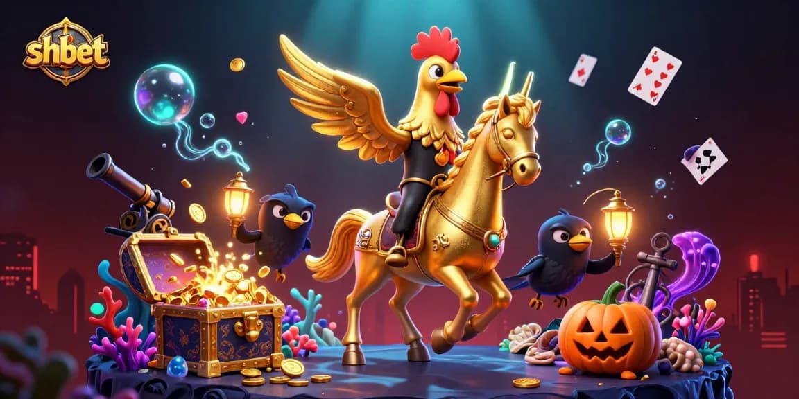 Experience the vibrant action of shbet with a golden rooster racing through a colorful casino backdrop.