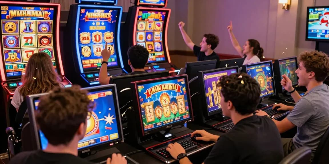 Suasana permainan slot gacor dengan pemain merayakan kemenangan di kasino online.