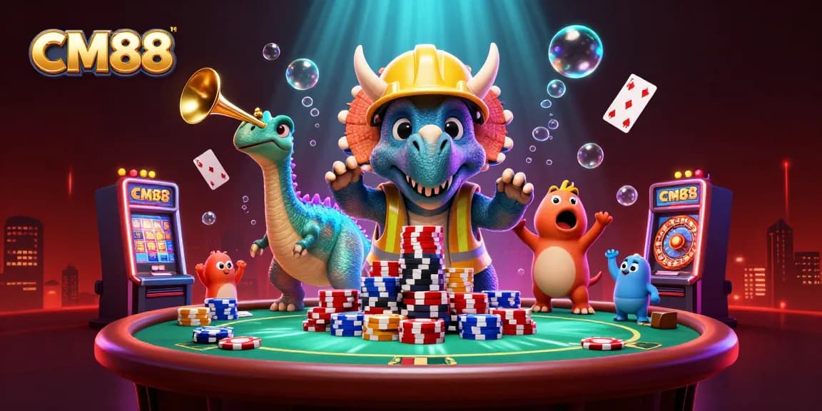 CM88 showcases a vibrant scene of a triceratops and friends celebrating around a poker table, enhancing the fun of gaming.