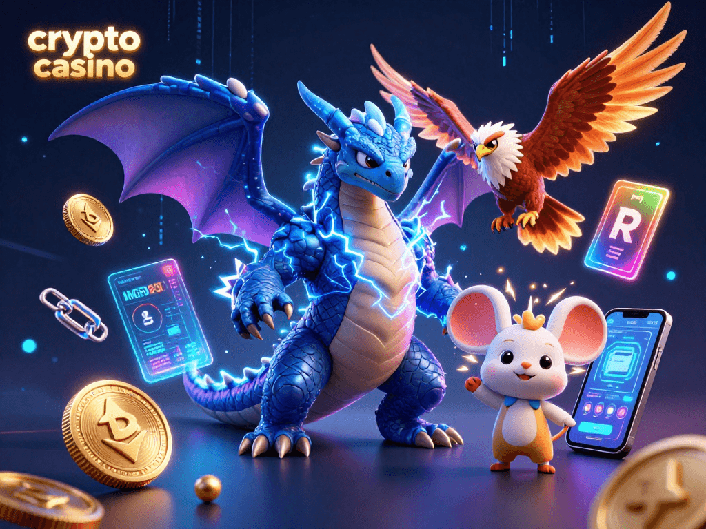 Experience excitement at the crypto casino with a vibrant 3D illustration of characters and digital elements.