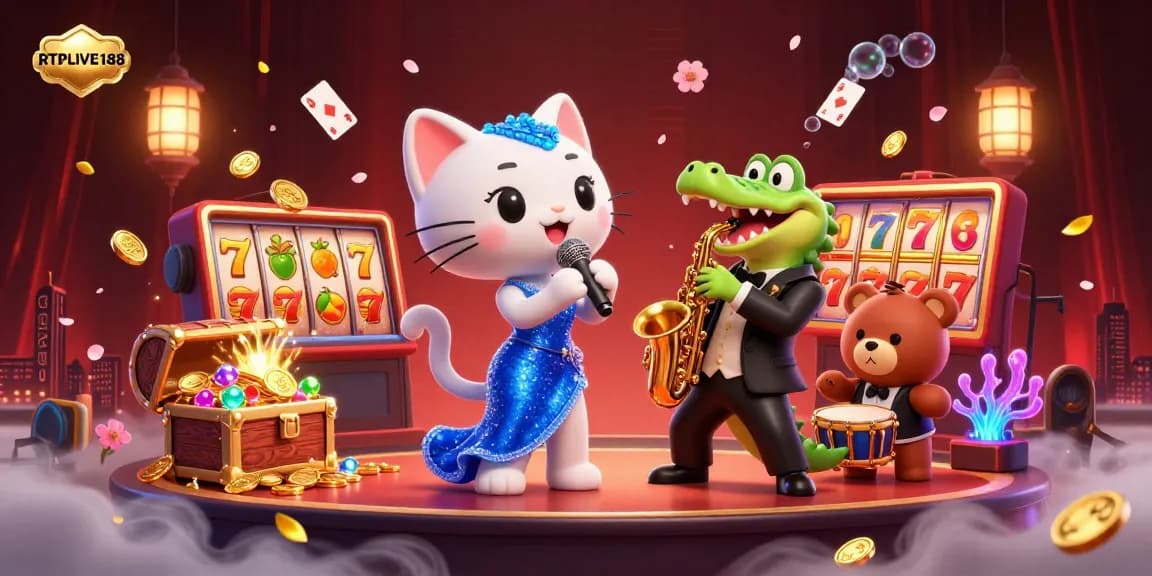 Rasakan permainan mendebarkan dengan RTPLIVE188, diperlihatkan melalui karakter kasino yang cerah dan elemen jackpot