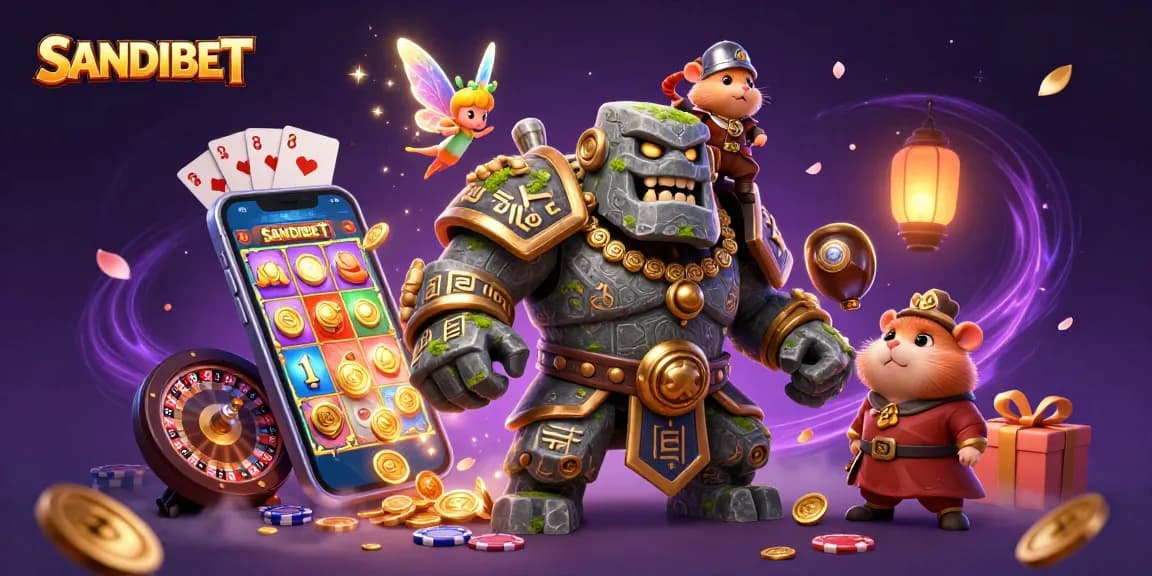 SANDIBET’s vibrant 3D illustration showcases a magical guardian, fairy, and hamster hero amid casino game excitement.