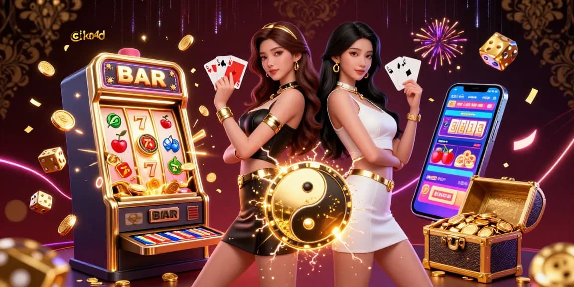 Experience thrilling gameplay with cika4d featuring twin women holding playing cards amidst a jackpot explosion.