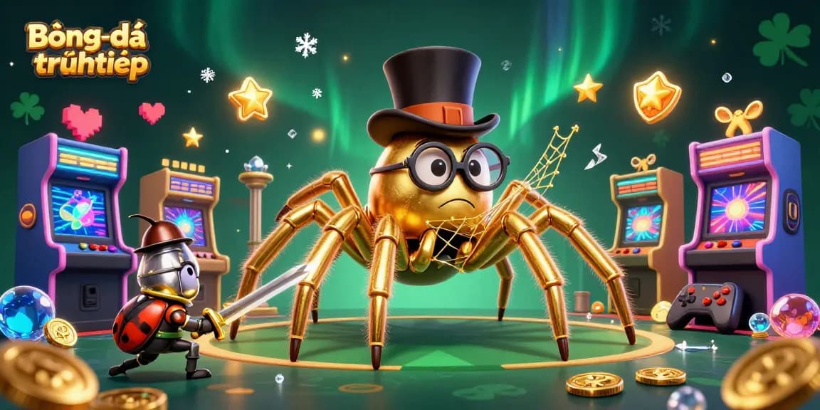 Bóngđátrựctiếp showcasing a thrilling 3D illustration of a golden tarantula weaving magic in a vibrant casino.