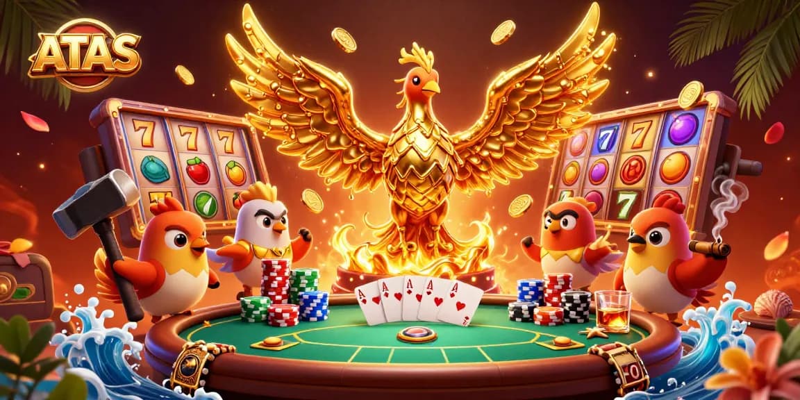 Experience vibrant ATAS casino gaming with a molten phoenix and stacked poker chips.