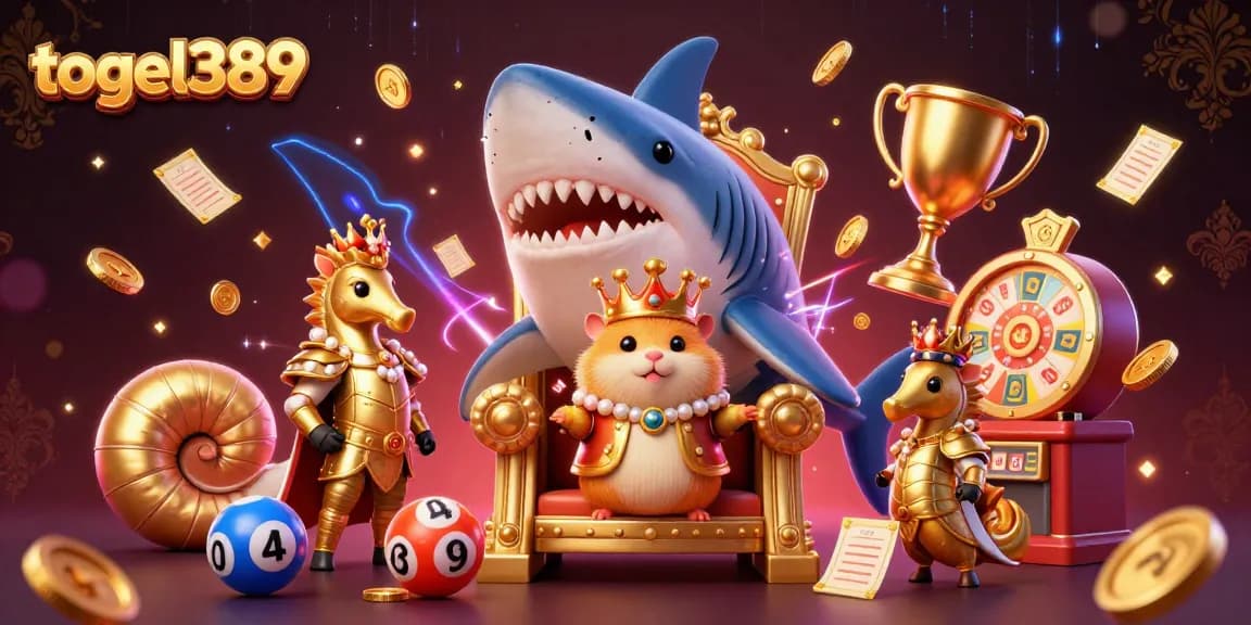 Win big with togel389 in this vibrant lottery-themed illustration featuring royal gambling characters and elements.