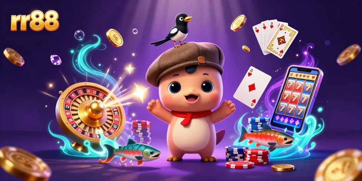 Engage in exciting gambling adventures with rr88, featuring adorable Nessie and vibrant casino elements.